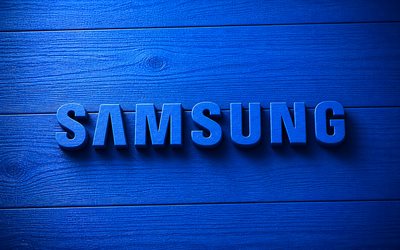 logotipo de madera de samsung, 4k, minimalismo, fondo de madera azul, creativo, logotipo 3d de samsung, marcas de electrónica, logotipo de samsung, samsung