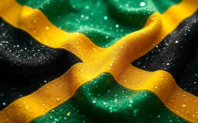 Jamaican flag, 4K, gemstones, flag of Jamaica, diamonds, shiny stones, Jamaica, creative art, green gemstones, green yellow black crystals, Jamaica flag