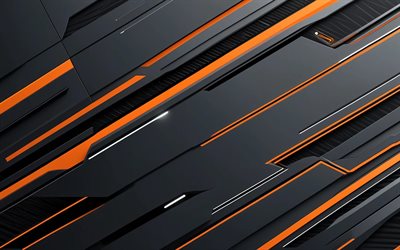 orange black background, 4k, material design, orange lines, 3D textures, artwork, metal art, geometry, abstract backgrounds, geometrical backgrounds, abstractions, black abstract backgrounds