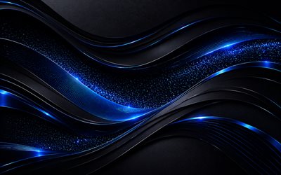 ondas de neón azul sobre un fondo negro, 4k, fondo de ondas abstractas azules, ondas de neón azul, fondo negro de ondas 3d, fondo abstracto de ondas