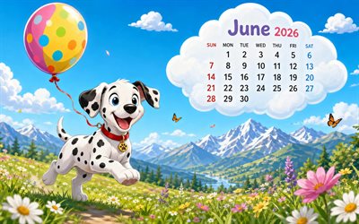 4k, 2026 June Calendar, Dalmatian, colorful balloon, grassplot, mountains, June 2026, spring calendars, Husky, June 2026 Calendar, spring, June calendars, 2026 calendars, June
