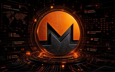 شعار مونيرو ثلاثي الأبعاد, 4k, خلفية مستقبلية برتقالية, العملات المشفرة, شعار مونيرو المعدني, العلامات التجارية, عملة مونيرو المشفرة, blockchain, شعار مونيرو, مونيرو