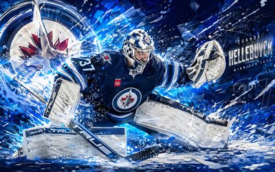 Connor Hellebuyck, 4k, blue white digital background, Winnipeg Jets, NHL, hockey, Connor Hellebuyck 4K, Winnipeg Jets logo, fan art, Connor Hellebuyck Winnipeg Jets
