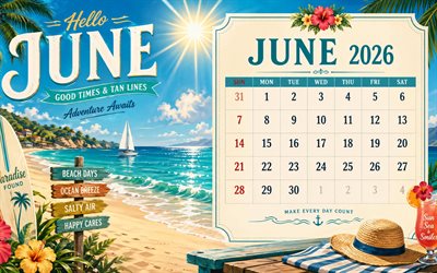 calendario junio ​​2026, 4k, arte retro, creativo, wibes de playa, junio 2026, calendarios de verano, calendario junio 2026, verano, calendarios de junio, calendarios 2026, junio