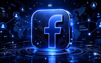 logotipo 3d do facebook, 4k, fundo futurista azul, raios de néon azuis, redes sociais, logotipo futurista do facebook, logotipo metálico do facebook, marcas, logotipo do facebook, facebook