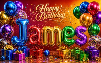 4k, James Happy Birthday, glossy balloons 3D letters, James name, creative, James Birthday, colorful gift boxes, popular american male names, Happy Birthday James, picture with James name, James