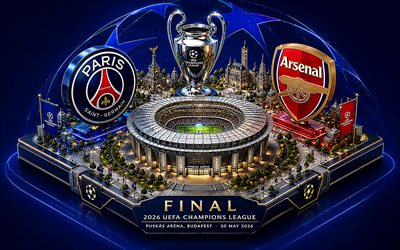 final de la liga de campeones de la uefa 2026, psg vs arsenal fc, arte isométrico, fondo azul, psg, arsenal fc, arte 3d, liga de campeones, final, parís saint germain vs arsenal, parís saint germain, estadio puskás, budapest, partido de futbol, fútbol americano