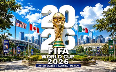 2026 fifa world cup, 4k, stadionit, päivänvalo, fifa world cup trophy, luova, jalkapallo, fifa world cup  taide, fifa world cup 2026, kultainen pokaali, fifa world cup