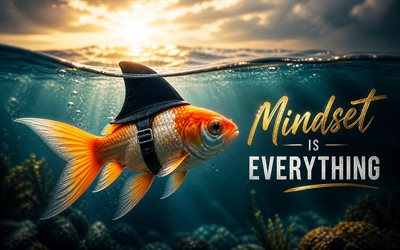 4k, العقلية هي كل شيء, مساء, غروب, سمكة ذهبية مع زعانف القرش, اقتباسات عقلية, سمكة ذهبية تحت الماء, سمكة ذهبية ثلاثية الأبعاد, العقلية هي كل شيء المفاهيم, سمكة ذهبية, إلهام, العقلية هي كل شيء الفن, اقتباسات تحفيزية