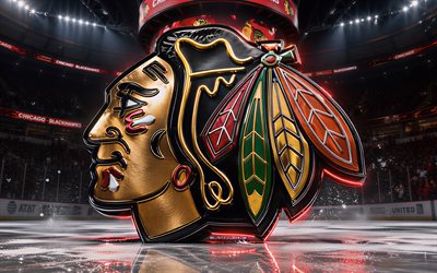 4k, Chicago Blackhawks metal logo, spotlights, ice arena, NHL, creative, hockey, Chicago Blackhawks logo, hockey stadium, Chicago Blackhawks 3D logo, american hockey team, Chicago Blackhawks