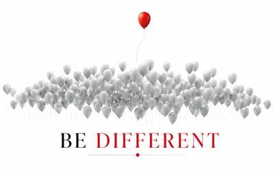 ser diferente, 4k, creativo, globo rojo entre los blancos, minimalismo, ser conceptos diferentes, globos, ser diferente inscripción, obra de arte, ser arte diferente