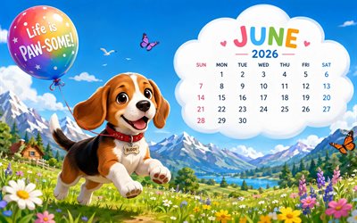 2026 June Calendar, 4k, beagle, colorful balloon, grassplot, mountains, June 2026, spring calendars, Husky, June 2026 Calendar, spring, June calendars, 2026 calendars, June