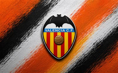Valencia CF logo, 4k, orange black white paint background, Valencia CF, Spanish football club, Valencia CF emblem, La Liga, Spain, football, Valencia