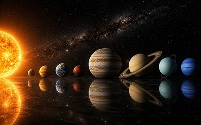Solar system planets, 4k, 3D art, astronomy, universe, Sun, Mercury, Venus, Earth, Mars, Jupiter, Saturn, Uranus, Neptune, planets inscriptions, Solar system, planets, planetary system, astrophysics, galaxy, Solar system concepts