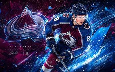 4k, cale makar, créatif, fond numérique bleu violet, avalanche du colorado, lnh, hockey, cale makar 4k, logo de l'avalanche du colorado, fan art, avalanche du colorado cale makar