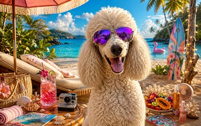 Poodle, 4k, summer, tropical beach, beach accessories, sea, sun lounger, sunglasses, Poodle on beach, dogs, cocktail, cute animals, beach, pets, dog in sunglasses, Poodle Dog
