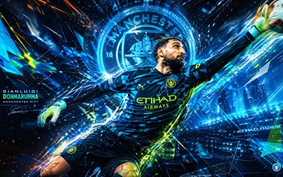 gianluigi donnarumma, manchester city fc, fanitaidetta, sininen valkoinen abstrakti tausta, gianluigi donnarumma manchester city fc, luovaa taidetta, manchester city fc  logo, gianluigi donnarumma manchester city, jalkapallo, manchester city