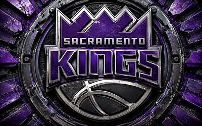 Sacramento Kings metal logo, 4k, black violet metal background, NBA, basketball, Sacramento Kings logo, Sacramento Kings 3D logo, american basketball team, Sacramento Kings