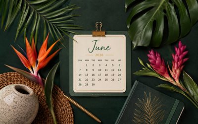 June 2026 Calendar, 4k, green background, 2026 June Calendar, tropical flowers, June, 2026 calendars, June Calendar 2026, summer accessories