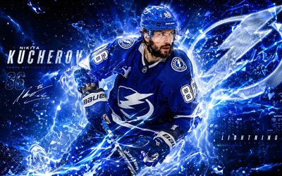Nikita Kucherov, 4k, blue digital background, Tampa Bay Lightning, NHL, hockey, Nikita Kucherov 4K, Tampa Bay Lightning logo, fan art, Nikita Kucherov Tampa Bay Lightning