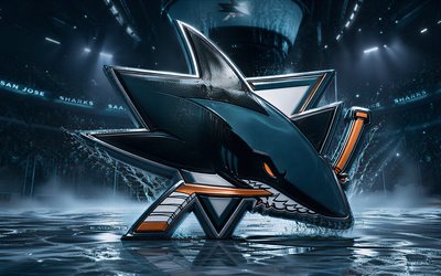 4k, san jose sharks metal logosu, sahne ışıkları, buz arenası, nhl, yaratıcı, hokey, san jose köpekbalıkları logosu, hokey stadyumu, san jose köpekbalıkları 3d logosu, amerikan hokey takımı, san jose köpekbalıkları