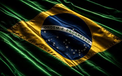 Brazil silk flag, 4k, darkness, fabric wavy flags, flag of Brazil, Brazil 3D flag, Brazilian flag, Brazil, Day of Brazil, Brazilian national symbols, Brazil flag
