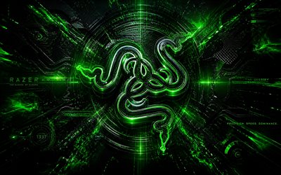 Razer 3D logo, 4k, green futuristic background, green neon rays, electronics brands, Razer futuristic logo, Razer glass logo, brands, Razer logo, Razer