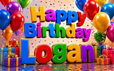 4k, logan feliz aniversário, letras 3d coloridas, nome logan, caixas de presente coloridas, aniversário de logan, balões 3d, nomes masculinos americanos populares, feliz aniversário logan, foto com o nome logan, logan