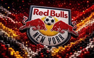 New York Red Bulls fabric logo, 4k, red white 3D background, MLS, soccer, New York Red Bulls logo, football, New York Red Bulls, american soccer club, New York Red Bulls FC
