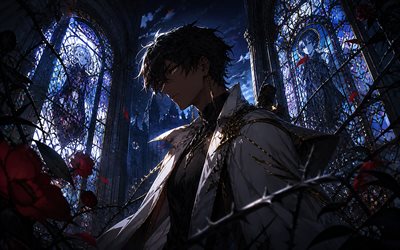 Thorns, 4k, castlle, stained glass windows, Arknights, night, artwork, manga, japanese lanterns, anime characters, Iberian Lord Guard Operator, Arknights characters, Thorns Arknights