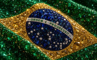 Brazilian flag, 4K, precious stones, flag of Brazil, Ordem e Progresso, Brazilian gems flag, crystals, shiny green diamonds, Brazil, creative art, green gemstones, blue yellow green crystals, Brazil flag