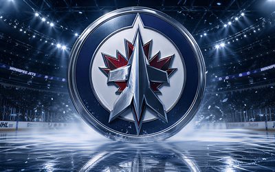 4k, Winnipeg Jets metal logo, spotlights, ice arena, NHL, creative, hockey, Winnipeg Jets logo, hockey stadium, Winnipeg Jets 3D logo, canadian hockey team, Winnipeg Jets