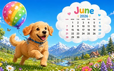 2026 June Calendar, 4k, labrador, colorful balloon, grassplot, mountains, June 2026, spring calendars, Golden Retriever, June 2026 Calendar, spring, June calendars, 2026 calendars, June