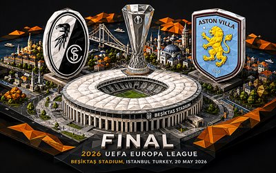 4k, نهائي الدوري الأوروبي 2026, الفن التجريدي ثلاثي الأبعاد, إس سي فرايبورج vs أستون فيلا, أخير, الدوري الأوروبي, فن ثلاثي الأبعاد, شعار نادي فرايبورغ, شعار نادي أستون فيلا, ملعب بشكتاش, اسطنبول, 20 مايو 2026, ترويجي, خلفية بيضاء