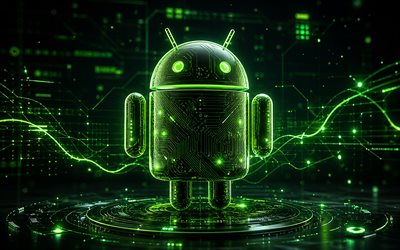 Android 3D logo, 4k, green futuristic background, green neon rays, OS brands, Android futuristic logo, Android neon logo, brands, Android logo, Android