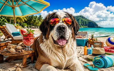Saint-bernard, 4k, summer, tropical beach, beach accessories, sea, sun lounger, sunglasses, Saint-bernard on beach, dogs, cocktail, cute animals, beach, pets, dog in sunglasses, Saint-bernard Dog