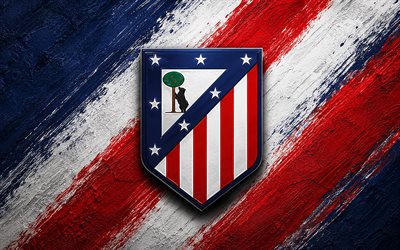 شعار أتلتيكو مدريد, 4k, خلفية الطلاء الأبيض الأزرق, أتلتيكو مدريد, نادي كرة القدم الاسباني, الدوري الاسباني, إسبانيا, كرة القدم