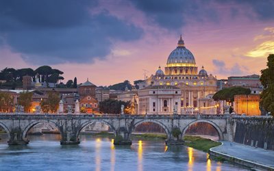 por la noche, Roma, Italia, el Río Tíber, el turismo en Roma