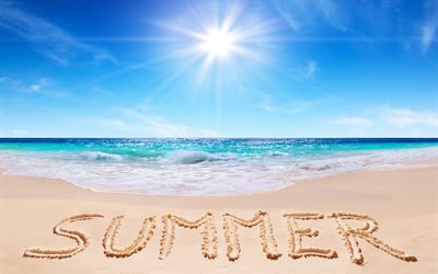 sommar, hav, strand, sand, sommarlandskap, varmt väder, sol