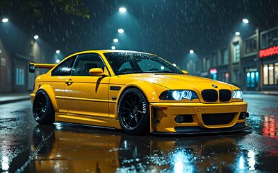 4k, الأصفر bmw m3 e46, ليلة, ضبط, e46, المصابيح الأمامية, مطر, مبدع, السيارات الخارقة, bmw m3, bmw m3 e46, السيارات الألمانية, بي ام دبليو