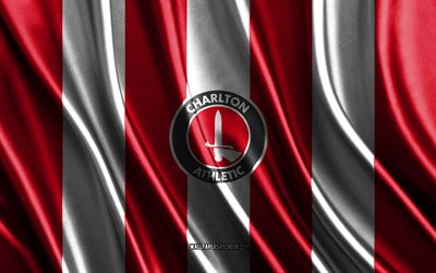 4k, شعار تشارلتون الرياضي, الدوري الأول, نسيج حرير أبيض أحمر, علم تشارلتون الرياضي fc, نادي كرة القدم الإنجليزي, كرة القدم, علم الحرير, إنجلترا, شارة تشارلتون الرياضية, تشارلتون الرياضي fc