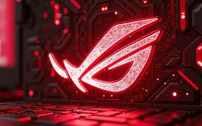 4k, شعار روج الأحمر, ضوء النيون الأحمر, أسوس, الأشعة السينية, شعار روج, خلفية hi tech الحمراء, روج, الفن الإبداعي, شعار روج 3d