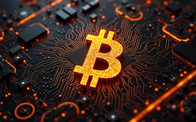 شعار bitcoin orange glitter, 4k, العملات المشفرة, خلفية أسود عالية التكنولوجيا, الدوائر الدقيقة, الموصلات, blockchain, مبدع, شعار bitcoin على الدائرة الدقيقة, العلامات التجارية, شعار bitcoin abstract, العمل الفني, شعار البيتكوين, بيتكوين