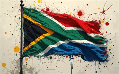 South Africa flag on the flagpole, South Africa paint splashes flag, grunge art, South Africa flag, South Africa, flag of South Africa