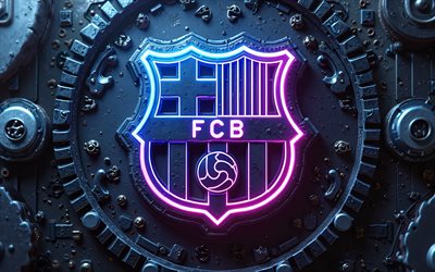 4k, شعار fc barcelona metal, خوخه, أضواء النيون الملونة, لاليجا, fcb, كرة القدم, شعار برشلونة fc, مبدع, شعار fc barcelona 3d, برشلونة fc, نادي كرة القدم الأسباني, fc barcelona emblem, fc برشلونة