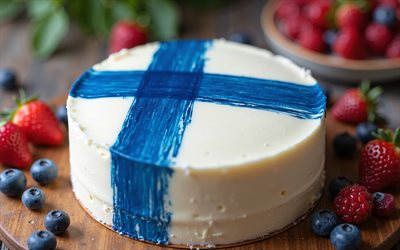 Finland flag painted on cake, 4k, Finnish flag, baking, Finland, cake with berries, flag of Finland, cake with the Finland flag, cake like Finnish flag, Finland flag