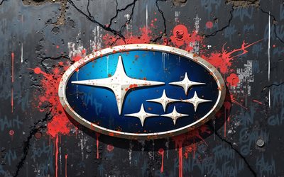 4k, logo subaru, graffiti sur le mur, grunge, art créatif grunge, subaru graffiti, subaru