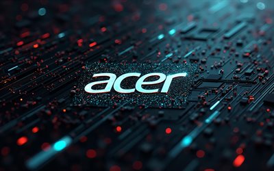 4k, acer blue metal logo, ボケ, 黒いハイテク背景, マイクロサーキット, 導体, エレクトロニクスブランド, クリエイティブ, マイクロサーキットのエイサーロゴ, ブランド, acer抽象ロゴ, アートワーク, エイサーロゴ, エイサー