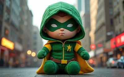 Green Arrow, 4k, superheroes, Green Arrow superhero Plush Toy, cityscape, Green Arrow superhero soft toy, Green Arrow toy, creative art
