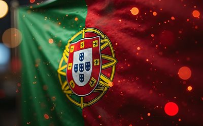 4k, drapeau du portugal sur le mât, bokeh, drapeau du portugal, art numérique, contexte abstrait, drapeau portugais, europe, drapeau du portugal waves portugal, portugal, drapeau du portugal 3d